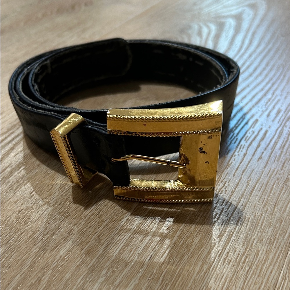 St. John Black Leather Belt with Gold Buckle